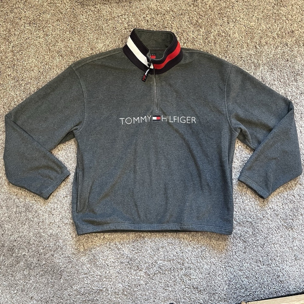 Vintage Tommy Hilfiger Fleece Pullover Sweater Men's XXL Gray 1/4 Zip Logo Y2K‎